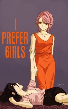 2girls black_hair black_skirt breasts cleavage dandadan derivative_work divadiva548447 dress english_text grey_background hair_between_eyes hand_on_another&#039;s_arm i_prefer_girls jewelry long_dress long_hair looking_at_another medium_breasts multiple_girls necklace orange_dress parted_lips pink_hair pink_shirt shiratori_aira_(dandadan) shirt short_hair short_sleeves signature skirt sleeveless sleeveless_dress yukishiro_kouki yuri