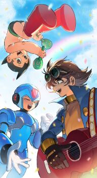 Rule 34 | 3boys, android, armor, atom (tetsuwan atom), blue armor, blue helmet, blue jacket, brown hair, buzzsaw (6631455), character request, closed eyes, copyright request, crossover, forehead jewel, goggles, goggles on head, group picture, guitar, helmet, highres, humanoid robot, instrument, jacket, mega man (series), mega man x (series), multiple boys, music, playing guitar, playing instrument, robot, singing, tetsuwan atom