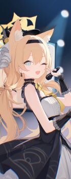 Rule 34 | 1girl, ;d, absurdres, animal ear fluff, animal ears, aqua eyes, black choker, black hairband, black overskirt, black wrist cuffs, blue archive, cat ears, center frills, chinese commentary, choker, chromatic aberration, commentary request, double-parted bangs, dress, earrings, extra ears, flower, frilled choker, frilled dress, frills, grey dress, grey feathers, hair between eyes, hair flower, hair ornament, hairband, halo, hat, hat feather, highres, holding, holding microphone, idol clothes, jewelry, long hair, looking at viewer, low twintails, mari (blue archive), mari (idol) (blue archive), microphone, mini hat, mini top hat, nyarnya, official alternate costume, one eye closed, open mouth, orange hair, overskirt, sleeveless, sleeveless dress, smile, solo, stage lights, teeth, top hat, twintails, upper teeth only, v, very long hair, wrist cuffs, yellow flower, yellow halo