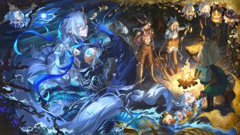 1girl 3boys :o absurdres air_bubble animal_ears arm_ribbon armor armored_boots asymmetrical_bangs asymmetrical_legwear back_cutout bag beach belt black_boots black_gloves black_hair black_hat blue_eyes blue_hair blue_hairband blue_hands blue_pants blue_ribbon blue_robe blue_scales blue_socks blue_thighhighs boots bow box braid breastplate broken broken_chain brown_belt brown_capelet brown_gloves brown_pants bubble campfire capelet chain chibi claw_ring closed_mouth clothing_cutout cloud cloudy_sky collared_capelet commentary coral cyno_(genshin_impact) dark-skinned_female dark-skinned_male dark_skin detached_collar dragon_boy dragon_tail english_commentary fire fish fish_skeleton floating_hair fox_boy fox_ears fox_tail full_moon genshin_impact gloves gradient_eyes green_hair hair_between_eyes hair_ornament hair_over_one_eye hair_ribbon hairband hands_up hat hat_feather highres holding holding_lantern holding_map holding_polearm holding_weapon hoyofair jewelry knife_sheath lantern long_hair long_sleeves map mismatched_legwear moon mualani_(genshin_impact) multicolored_eyes multicolored_hair multiple_boys necklace neuvillette_(genshin_impact) night night_sky official_art one_eye_covered open_mouth outdoors pants parted_bangs pauldrons pointy_ears polearm puffy_shorts purple_bow purple_eyes purple_ribbon purple_scarf red_eyes ribbon ring robe sand scales scarf scroll sheath shirt short_sleeves shorts shoulder_armor shoulder_bag side_braid single_sock single_thighhigh sky socks spikes standing streaked_hair swept_bangs tail tail_bow tail_ornament thigh_sheath thigh_strap thighhighs tighnari_(genshin_impact) tree twin_braids very_long_hair waist_cape water weapon white_bag white_hair white_shirt white_shorts wooden_box yaoyaobae
