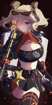 Rule 34 | 1girl, belt, black jacket, black skirt, black thighhighs, black tube top, blonde hair, blowing, breasts, burnice white, cleavage, cowboy shot, crop top, embers, flamethrower, hair ornament, highres, holding, holding flamethrower, holding weapon, jacket, large breasts, midriff, miniskirt, navel, open mouth, red-tinted eyewear, red eyes, ruaruayana, short hair, simple background, skirt, solo, spiked belt, strapless, sunglasses, thigh belt, thigh strap, thighhighs, tinted eyewear, tube top, twintails, weapon, zenless zone zero, zettai ryouiki