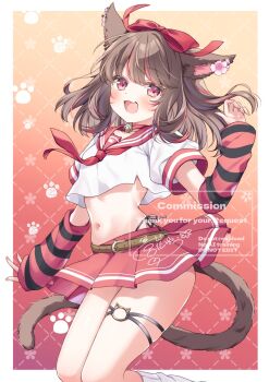 1girl :d animal_ears arm_warmers bell belt blush border borrowed_character bow brown_belt brown_hair cat_belt_buckle cat_ears cat_girl cat_o-ring cat_tail collarbone commentary_request commission crop_top cropped_shirt double_horizontal_stripe ear_flower fang feet_out_of_frame gradient_background grid_background hair_bow hand_up highres kneehighs looking_at_viewer loose_socks medium_hair midriff miniskirt miyahana_yu_(artist) multicolored_hair navel neck_bell neckerchief o-ring o-ring_thigh_strap open_mouth original outside_border pleated_skirt red_arm_warmers red_background red_bow red_eyes red_neckerchief red_skirt red_streaks school_uniform serafuku shirt short_sleeves signature skeb_commission skin_fang skirt smile socks solo streaked_hair striped_arm_warmers striped_clothes striped_skirt striped_sleeves tail thigh_strap watermark white_border white_shirt white_socks yellow_background