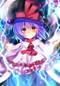 Rule 34 | 1girl, absurdres, black hat, blush, bow, capelet, closed mouth, commentary request, electricity, frilled capelet, frills, hat, hat bow, highres, lightning, long sleeves, looking at viewer, nagae iku, nanakusagayu (7 kusagayu), purple hair, red bow, red eyes, short hair, smile, solo, touhou, upper body, white capelet