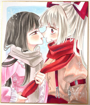 2girls blush bow breasts brown_hair brown_shirt clothes_grab commentary_request eye_contact frilled_sleeves frills fujiwara_no_mokou grey_hair grey_scarf grey_shirt hair_bow highres houraisan_kaguya imminent_kiss long_hair long_sleeves looking_at_another multiple_girls neckwear_grab open_mouth pants photo_(medium) pink_shirt red_eyes red_pants red_scarf scarf scarf_grab shikishi shirt smile snowflakes suspenders sweatdrop tamiko_(tamik0224) touhou traditional_media very_long_hair yuri