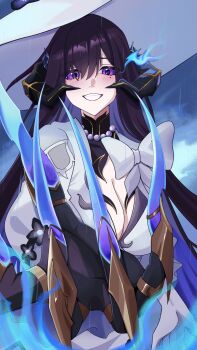 1girl absurdres ajrz black_hair breasts cleavage colored_inner_hair highres honkai:_star_rail honkai_(series) horns large_breasts looking_at_viewer mole mole_under_eye multicolored_hair naughty_face purple_eyes purple_hair smile solo the_dahlia_(honkai:_star_rail)