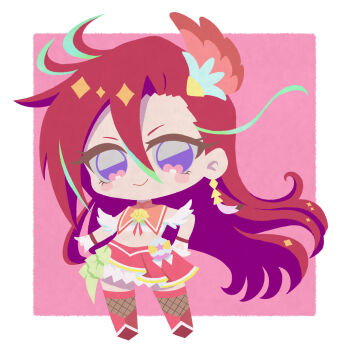 1girl absurdres aqua_hair aqua_streaks asymmetrical_bangs asymmetrical_hair bare_shoulders blush_stickers boots border brooch chibi chibi_only closed_mouth commentary crop_top cure_flamingo double-parted_bangs earrings eyelashes feather_earrings feathers fingerless_gloves fishnet_thighhighs fishnets frilled_skirt frills gloves hair_behind_ear hair_between_eyes hair_ornament hand_on_own_hip heart heart_in_eye highres jewelry knee_boots long_bangs long_hair looking_at_viewer magical_girl midriff miniskirt multicolored_hair orange_sailor_collar otannu_(bkdenta) outside_border pact_holder pink_background pleated_skirt pouch precure purple_eyes red_boots red_hair red_skirt red_thighhighs sailor_collar shell_brooch skirt sleeveless smile solo standing streaked_hair symbol_in_eye takizawa_asuka thighhighs tropical-rouge!_precure tropical_pact two-tone_hair very_long_hair white_border white_gloves wing_hair_ornament