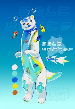 :3 adoptable animal_focus antennae clownfish color_guide commentary cupozo english_commentary fangs fish frutiger_aero gradient_background highres looking_at_viewer no_humans orb original otter pawpads rearing regal_blue_tang see-through_body solo standing tail tropical_fish yellow_tang