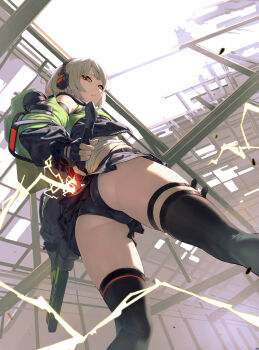 1girl anby_demara ass black_thighhighs breasts disto fingerless_gloves from_below gloves headphones headphones_around_neck headset highres holding holding_sword holding_weapon indoors jacket lightning looking_at_viewer panties pink_hair short_hair skindentation skirt small_breasts solo sword thigh_strap thighhighs underwear upskirt weapon white_hair yellow_eyes zenless_zone_zero