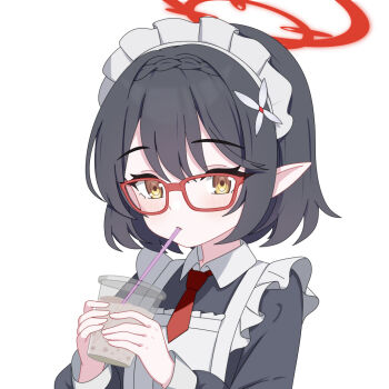 1girl alternate_costume apron ayane_(blue_archive) baozi_9527 black_hair blue_archive braid bubble_tea commentary_request crown_braid cup disposable_cup drink drinking enmaided flower glasses hair_flower hair_ornament halo holding holding_cup holding_drink long_sleeves looking_at_viewer maid maid_headdress milk_tea necktie pointy_ears red-framed_eyewear red_halo red_necktie short_hair simple_background solo upper_body white_apron white_background white_flower yellow_eyes