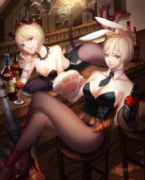 2girls alcohol animal_ears animal_hands animification aoa_(group) artist_name ass bar_(place) bar_stool bare_arms bare_shoulders battle_bunny_riven belt blonde_hair bob_cut bottle breasts brown_eyes brown_legwear carrot cat_ears cat_girl cat_tail checkered_floor citemer cleavage cocktail cocktail_glass collar corset cottontail_teemo counter crossed_legs cup detached_collar drawing_(object) drink drinking_glass fake_animal_ears feet_up fnc_entertainment gloves hennessy high_heels highres indoors jack_daniel's kittysuit large_breasts league_of_legends leotard liuruoyu8888 looking_at_viewer lying makeup mascara medium_breasts multiple_girls necktie nontraditional_playboy_bunny on_stomach pantyhose park_choa parted_lips paw_gloves playboy_bunny rabbit_ears real_life red_footwear riot_games riven_(league_of_legends) shoes short_hair short_necktie single_glove sitting smile stool strapless strapless_leotard sword tail teemo tile_floor tiles tray very_short_hair weapon whiskey wine_glass wrist_cuffs