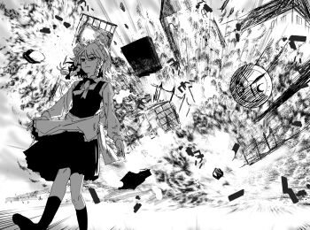 Rule 34 | 1girl, apron, black dress, black eyes, bow, braid, chainsaw man, clock, clock tower, dress, explosion, greyscale, hair bow, izayoi sakuya, komeo, long sleeves, maid, maid headdress, monochrome, parody, sayonara eri, scarlet devil mansion, smile, socks, solo, touhou, tower, twin braids, waist apron, white apron, white hair