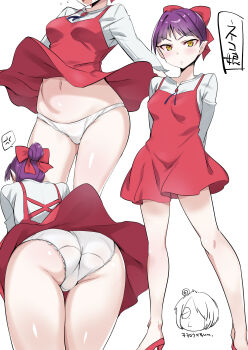 1girl absurdres ass blush bow breasts clothes_lift dress dress_lift dress_tug echihiro from_behind gegege_no_kitarou hair_bow hair_bun highres kitarou mtu_virus multiple_views navel nekomusume nekomusume_(gegege_no_kitarou_6) panties pantyshot pointy_ears purple_hair red_bow red_dress shirt short_hair single_hair_bun underwear white_panties white_shirt wind wind_lift yellow_eyes