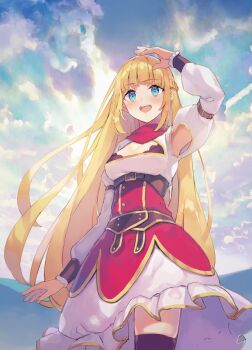 Rule 34 | 1girl, absurdres, armpit cutout, armpits, blonde hair, blue eyes, blue sky, blush, braid, brown thighhighs, cleavage cutout, clothing cutout, commentary request, cowboy shot, day, dress, half up braid, highres, long hair, long sleeves, official art, open mouth, outdoors, overskirt, red overskirt, red scarf, rit (shin no nakama), scarf, second-party source, shading eyes, shin no nakama janai to yuusha no party wo oidasareta no de henkyou de slow life suru koto ni shimashita, sky, smile, solo, standing, thighhighs, white dress, yasumo (kuusouorbital)