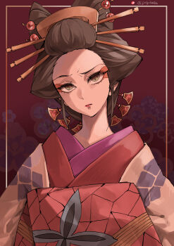 Rule 34 | 1girl, absurdres, black hair, closed mouth, daki (kimetsu no yaiba), eyeliner, forehead, geisha, hair ornament, hair stick, highres, japanese clothes, kimetsu no yaiba, lipstick, looking at viewer, makeup, nihongami, pink lips, purple background, slit pupils, solo, upper body, yellow eyes, yogukasu