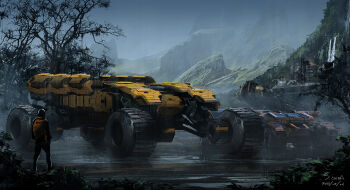 1boy bucket-wheel_excavator chiba_shinichi commentary dated hashtag-only_commentary highres mountain mud original outdoors photoshop_(medium) planetary_rover plant rain signature tree vehicle_focus wide_shot