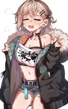1girl absurdres animal_ears aoba_moca bang_dream! black_jacket blue_shorts blush breasts cleavage commentary crop_top earclip grey_hair hair_ornament hairclip highres jacket junji_17 medium_breasts open_clothes open_jacket open_mouth parallel_hairclips short_hair shorts simple_background solo stomach sweat teeth upper_teeth_only white_background