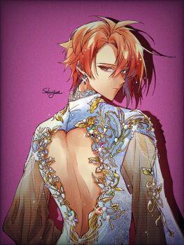 1boy back closed_mouth ear_chain flower from_behind idolish7 linked_piercing long_sleeves male_focus nanase_riku orange_eyes orange_hair piercing pink_background sakayume_(sakayume_1103) short_hair sideways_glance signature solo upper_body