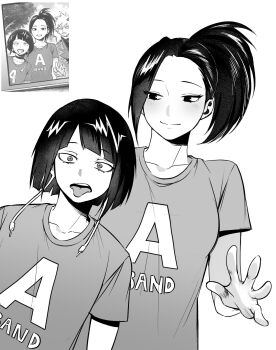 Rule 34 | 2girls, bkg0303, black hair, boku no hero academia, breasts, closed mouth, commentary request, diagonal bangs, earphones, greyscale, highres, jiro kyoka, korean commentary, light blush, long hair, medium breasts, monochrome, multiple girls, open mouth, ponytail, print shirt, reference inset, shirt, short hair, smile, t-shirt, tongue, tongue out, upper body, white background, yaoyorozu momo