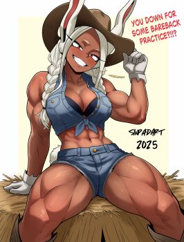1girl abs absurdres animal_ears artist_name biceps black_bra boku_no_hero_academia boots bra braid breasts cleavage cow_girl cowboy_boots cowboy_hat crop_top dark-skinned_female dark_skin denim denim_shorts english_text gloves grin hat hay_bale highres large_breasts long_eyelashes long_hair midriff mirko mouth_hold muscular muscular_female rabbit_ears rabbit_girl rabbit_tail red_eyes shirt shorts sinpadart sitting smile spread_legs stalk_in_mouth tail tan thick_thighs thighs tied_shirt toned toned_female twin_braids underwear white_gloves white_hair