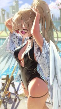 1girl absurdres arms_up black_choker black_one-piece_swimsuit blue_archive blurry blurry_background bocchi_(kuropom7) breasts casual_one-piece_swimsuit choker commentary_request feathered_wings fishing_rod hair_tie hair_tie_in_mouth halo highleg highleg_one-piece_swimsuit highres jacket jewelry long_hair looking_ahead medium_breasts mouth_hold nagisa_(blue_archive) nagisa_(swimsuit)_(blue_archive) necklace official_alternate_costume one-piece_swimsuit ponytail poolside purple-tinted_eyewear solo swimsuit tinted_eyewear tying_hair very_long_hair white_jacket white_wings wings