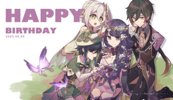 2boys 2girls absurdres armor black_sash blurry breasts bridal_gauntlets brown_suit bug butterfly c520gpss chinese_clothes chinese_commentary cleavage closed_eyes closed_mouth clothing_cutout crystalfly_(genshin_impact) depth_of_field dress earrings flower flower_ornament formal_clothes friends genshin_impact glowing_butterfly gradient_background green_dress green_hair green_hat hair_flower hair_ornament happy happy_birthday hat head_wreath highres insect japanese_clothes jewelry kimono large_variant_set light_smile long_sleeves multicolored_hair multiple_boys multiple_girls nahida_(genshin_impact) naku_weed neck_ribbon necktie off_shoulder on_grass open_mouth outdoors pants purple_kimono raiden_shogun red_ribbon ribbon sash shade short_hair shorts shoulder_armor shoulder_cutout side_ponytail single_earring sitting suit symbol-shaped_pupils thighhighs variant_set venti_(genshin_impact) white_background zhongli_(genshin_impact)