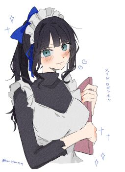 1girl black_dress black_hair blue_eyes blue_ribbon blunt_bangs blush commentary dress eyelashes hair_ribbon heart highres holding long_sleeves looking_at_viewer maid maid_headdress nico_robin one_piece ponytail ribbon sidelocks simple_background smile solo sparkle twitter_username ui25258787 upper_body white_background