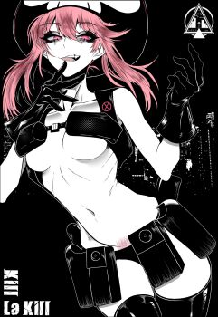 1girl :p artist_logo belt belt_pouch breasts chest_harness colored_pubic_hair commentary copyright_name cowboy_shot dizzle eyelashes eyeliner fang female_pubic_hair floating_hair gloves hair_between_eyes hands_up harness hat highres jakuzure_nonon kill_la_kill logo looking_at_viewer makeup medium_breasts monochrome naked_belt navel nudist_beach_uniform open_mouth pink_eyes pink_hair pink_pubic_hair pouch pubic_hair smile solo spot_color standing thighhighs tongue tongue_out utility_belt