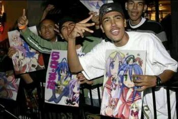 dark_skin gang gang_sign gangster hat lucky_star meme pillow poster real_life shirt third-party_edit victory_sign