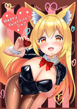 Rule 34 | 1girl, absurdres, animal ear fluff, animal ears, black leotard, black pantyhose, black shrug, blonde hair, blush, bow, bowtie, breasts, candy, chocolate, chocolate heart, cleavage, collar, commentary request, covered erect nipples, detached collar, fingernails, food, fox ears, fox girl, hair between eyes, hand up, happy valentine, heart, heart-shaped food, heart-shaped pupils, highres, holding, holding food, large breasts, leotard, long hair, looking at viewer, open mouth, original, pantyhose, red bow, red bowtie, shrug (clothing), signature, solo, strapless, strapless leotard, symbol-shaped pupils, uma (uma mohumohu), valentine, very long hair, white collar, white wrist cuffs, wrist cuffs