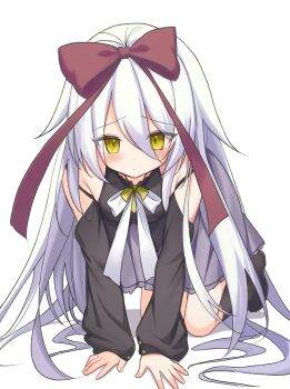 Rule 34 | 1girl, absurdres, all fours, armpit crease, bare shoulders, black boots, black shirt, blush, boots, bow, bowtie, breasts, closed mouth, commentary request, eyes visible through hair, fingernails, frilled skirt, frills, frown, full body, furrowed brow, ghost villager, grey skirt, hair between eyes, hair bow, hair ribbon, hair spread out, highres, hoshizora no memoria, long hair, long ribbon, looking at viewer, mare s. ephemeral, neck ribbon, off-shoulder shirt, off shoulder, red bow, red ribbon, ribbon, shadow, shirt, sidelocks, simple background, skirt, sleeves past wrists, small breasts, solo, tsurime, very long hair, white background, white bow, white bowtie, white hair, white ribbon, yellow eyes