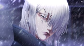 1girl black_coat closed_mouth coat commentary commission crying earrings english_commentary fiona_frost frown grey_eyes grey_hair hair_over_one_eye highres illustrator_x jewelry looking_at_viewer medium_hair night outdoors rain solo spy_x_family stud_earrings tears wet