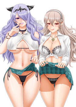 2girls :q adoptive_siblings alternate_costume amesuku_gyaru amezuku bare_shoulders black_bra black_panties black_pants bra breasts camilla_(fire_emblem) cleavage clothes_lift collarbone commentary_request crest_of_hoshido crest_of_nohr earrings eyeshadow female_corrin_(fire_emblem) fire_emblem fire_emblem_fates gluteal_fold green_skirt grey_hair gyaru hair_over_one_eye hairband highres jewelry kogal large_breasts licking_lips lifting_own_clothes lipstick long_hair looking_at_viewer makeup multiple_girls narrow_waist naughty_face necklace nintendo panties pants pink_eyeshadow pink_lips plaid_clothes plaid_skirt presenting purple_eyes purple_hair shirt siblings side-tie_panties simple_background sisters skirt skirt_lift standing stomach sweat textless_version thighs tongue tongue_out underwear upskirt very_long_hair wavy_hair white_background white_bra white_hairband white_shirt