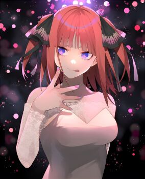 1girl :p arm_behind_back bare_shoulders butterfly_hair_ornament commentary_request dark_background dress finger_to_cheek go-toubun_no_hanayome hair_ornament haruba_negi highres light_particles long_sleeves medium_hair nail_polish nakano_nino official_art pink_nails purple_hair red_hair solo strapless strapless_dress tongue tongue_out two_side_up upper_body white_dress