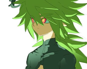 Rule 34 | 1boy, aotu world, black jacket, black shirt, closed mouth, crop top, green hair, halo, highres, jacket, long hair, looking to the side, low ponytail, male focus, midriff, multicolored eyes, pointy ears, ponytail, red eyes, rnlcksmaalcls, shirt, simple background, sketch, solo, spiked hair, turtleneck, upper body, white background, xander (aotu world), yellow eyes