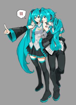 1boy 1girl aqua_eyes aqua_hair aqua_necktie arm_tattoo arm_warmers black_boots black_pants black_skirt boots buckto dual_persona full_body genderswap genderswap_(ftm) grey_background grey_shirt hand_on_another's_shoulder hand_on_own_hip hatsune_miku hatsune_mikuo headset highres index_finger_raised long_hair miniskirt nail_polish necktie number_tattoo pants pleated_skirt shirt short_hair short_sleeves simple_background skirt sleeveless sleeveless_shirt tattoo thigh_boots twintails very_long_hair vocaloid