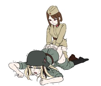1futa 1girl belt black_boots blanket_grab blonde_hair blue_eyes boots breasts brown_boots brown_eyes brown_hair clenched_hand clothes_pull collar_tabs combat_boots combat_helmet doggystyle drooling futa_with_female futanari garrison_cap german_army grabbing_another&#039;s_ass grey_jacket grey_pants groping hands_on_another&#039;s_ass hat helmet jacket klamol long_hair looking_at_another matching_hair/eyes medium_breasts military_combat_uniform military_hat military_uniform motion_lines nazi original panties pants pants_pull panty_pull patch red_star reichsadler schutzstaffel sex sex_from_behind short_hair shoulder_boards shoulder_patch sleeves_rolled_up smile soviet soviet_army stahlhelm star_(symbol) swastika sweat underwear waffen-ss white_background white_panties world_war_ii