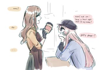 Rule 34 | 2girls, apron, bang dream!, bang dream! it's mygo!!!!!, barista, black gloves, black hat, black shirt, blue jacket, brown apron, brown hair, chihaya anon, commentary, cup, disposable cup, english commentary, english text, fang, gloves, hat, head rest, holding, holding cup, holding marker, jacket, long hair, marker, multiple girls, nagasaki soyo, niigouki, open mouth, pink hair, shirt, sidelocks, skin fang, sunglasses, yellow shirt