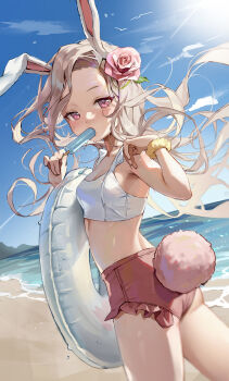 Rule 34 | 1girl, 706 (bodied706), absurdres, animal ears, beach, blue sky, blush, breasts, cleavage, commentary, day, eating, flower, food, hair flower, hair ornament, hand up, highres, holding, holding food, holding popsicle, holding swim ring, horizon, innertube, light brown hair, long hair, looking at viewer, looking back, mole, mole under eye, ocean, original, outdoors, pink eyes, pink flower, pink rose, popsicle, rabbit ears, rabbit girl, rabbit tail, rose, sky, small breasts, sun, swim ring, swimsuit, tail