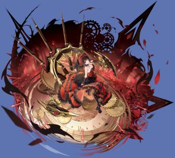 1girl absurdres artist_request azur_lane black_boots black_collar black_hair black_pantyhose boots breasts cleavage clock collar date_a_live dress finger_to_mouth frilled_dress frills full_body gears gun hairband handgun heterochromia highres knee_boots large_breasts layered_dress long_hair looking_at_viewer non-web_source official_art pantyhose red_dress red_eyes red_hairband sitting smile solo tokisaki_kurumi tokisaki_kurumi_(spirit) twintails weapon yellow_eyes