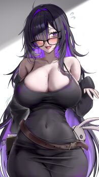 1girl absurdres arm_warmers black_arm_warmers black_dress black_hair blush breasts cleavage coda_(simon1995) colored_inner_hair commentary_request covered_navel dress glasses goddess_of_victory:_nikke hair_intakes highres label_(nikke) large_breasts long_hair messy_hair mole mole_on_breast multicolored_hair purple_eyes purple_hair solo two-tone_hair very_long_hair