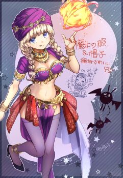 2girls :q aged_up anklet arabian_clothes bangle black_footwear blonde_hair blue_eyes blunt_bangs bracelet braid breasts cj72y9 commentary_request dancer dracky dragon_quest dragon_quest_xi earrings fire foot_out_of_frame foot_up glint harem_outfit hat heart high_heels highres index_finger_raised jewelry long_hair looking_at_viewer low_twin_braids medium_breasts midriff multiple_girls navel pelvic_curtain pumps purple_hat purple_thighhighs purple_turban pyrokinesis red_nails senya_(dq11) shoes standing standing_on_one_leg star_(symbol) thighhighs tongue tongue_out turban twin_braids twitter_username veronica_(dq11)