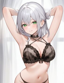 1girl aria_(ariacue) arms_behind_head arms_up black_bow black_bowtie black_bra black_choker black_panties blush bow bow_bra bowtie bra breasts choker cleavage commentary curtains green_eyes grey_hair highres hololive large_breasts looking_at_viewer medium_hair navel panties parted_lips shirogane_noel smile solo stomach underwear underwear_only virtual_youtuber