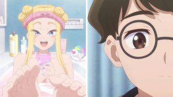 1boy 1girl bath bathing bathtub blonde_hair blue_eyes blush breasts cleavage completely_nude dosanko_gal_wa_namaramenkoi double_bun feet female_focus fingernails foot_focus fuyuki_minami glasses gyaru hair_bun highres large_breasts lips liquid_soap long_hair nude one_eye_closed partially_submerged puckered_lips purple_eyes screencap sidelocks soap soap_bottle solo toenails toes