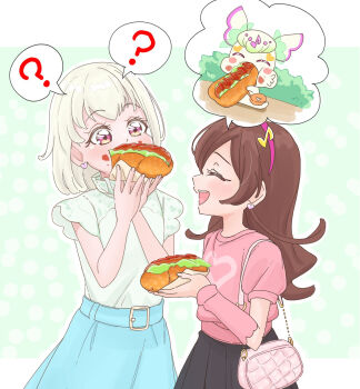 Rule 34 | 2girls, ?, akizora (aki precure), bag, bare arms, belt, biting, black skirt, blonde hair, blue skirt, blunt bangs, blush, bob cut, brown hair, chain, commentary request, dots, earrings, eating, flashback, food, fortissimo, from side, hair ornament, headband, heart, heart earrings, highres, holding, holding food, hot dog, jewelry, kimi to idol precure, long hair, long skirt, long sleeves, multiple girls, musical note, musical note hair ornament, parted bangs, pink bag, pink shirt, polka dot, polka dot background, precure, puffy short sleeves, puffy sleeves, purirun (fairy) (precure), purirun (precure), red eyes, sakura uta (precure), shirt, short sleeves, shoulder bag, skirt, smile, talking, tanaka purin