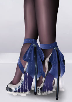 Rule 34 | 1girl, absurdres, ankle bow, ankle ribbon, black footwear, black pantyhose, blue footwear, blue ribbon, bow, close-up, cum, cum on body, cum on clothes, cum on feet, cum on legs, excessive cum, feet, fine fabric emphasis, foot focus, grey background, heel up, high heels, highres, leg ribbon, legs, lower body, official alternate costume, pantyhose, ribbon, shadow, shoes, simple background, solo, standing, stiletto heels, strappy heels, sym., tiptoes