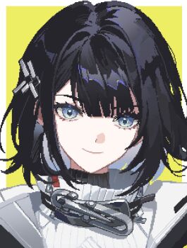 Rule 34 | 1girl, arknights, arknights: endfield, black hair, closed mouth, commentary, endministrator (arknights), female endministrator (arknights), grey eyes, hair ornament, highres, looking at viewer, pelly.k, pixel art, portrait, ribbed sweater, short hair, simple background, smile, solo, sweater, white sweater, yellow background