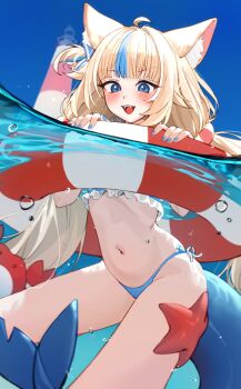 1girl :3 ahoge animal_ear_fluff animal_ears animal_on_leg bikini blonde_hair blue_bikini blue_eyes blue_hair blue_nails blush bubble cat_ears commentary cowboy_shot crab fangs fins fish_girl fish_tail frilled_bikini frills highres holding holding_swim_ring in_water indie_virtual_youtuber innertube kaniki_(sameko_saba) lifebuoy_hair_ornament lighthouse long_hair low_twintails multicolored_hair nail_polish navel one_side_up open_mouth partially_underwater_shot sameko_saba sky smile solo starfish streaked_hair swim_ring swimsuit tail tongue twintails very_long_hair virtual_youtuber water waytok