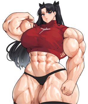 Rule 34 | 1girl, abs, absurdres, biceps, black hair, breasts, fate/stay night, fate (series), flexing, highres, large breasts, musctonk, muscular, muscular female, thick thighs, thighs, tohsaka rin, torn clothes, twintails, wide hips