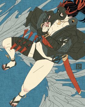 1girl absurdres anklet bandages beak_mask black_bandages black_hair black_kimono black_panties breasts brown_eyes choker cleavage collarbone earrings fine_art_parody full_body hair_tied_back highres inkan japanese_clothes jewelry kimono kuji-in kunai medium_breasts nihonga ninja original panties parody red_nails sandals sei5osuzuki sheath side-tie_panties smoke aqua_background thighs underwear weapon bracelet