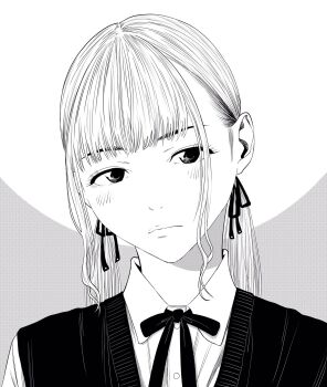 1girl commentary_request eyebrows_hidden_by_hair frown greyscale hair_ribbon head_tilt highres lee_(dragon_garou) light_blush long_hair low_twintails monochrome neck_ribbon original portrait ribbon solo sweater_vest twintails